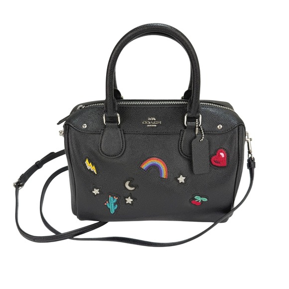 Coach Mini Bennett F25799 Black Leather Patch Rainbow Satchel Crossbody Bag EUC - Picture 10 of 11
